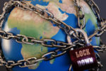 Rendering of planet Earth chained and locked with padlock as global lockdown metaphor.
