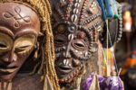 Wooden masks for sale in a shop in Zanzibar, Tanzania.
